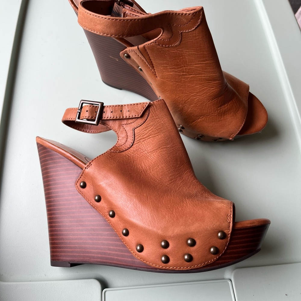 Jessica Simpson Studded Leather Tan Wedge Peep-Toe Booties